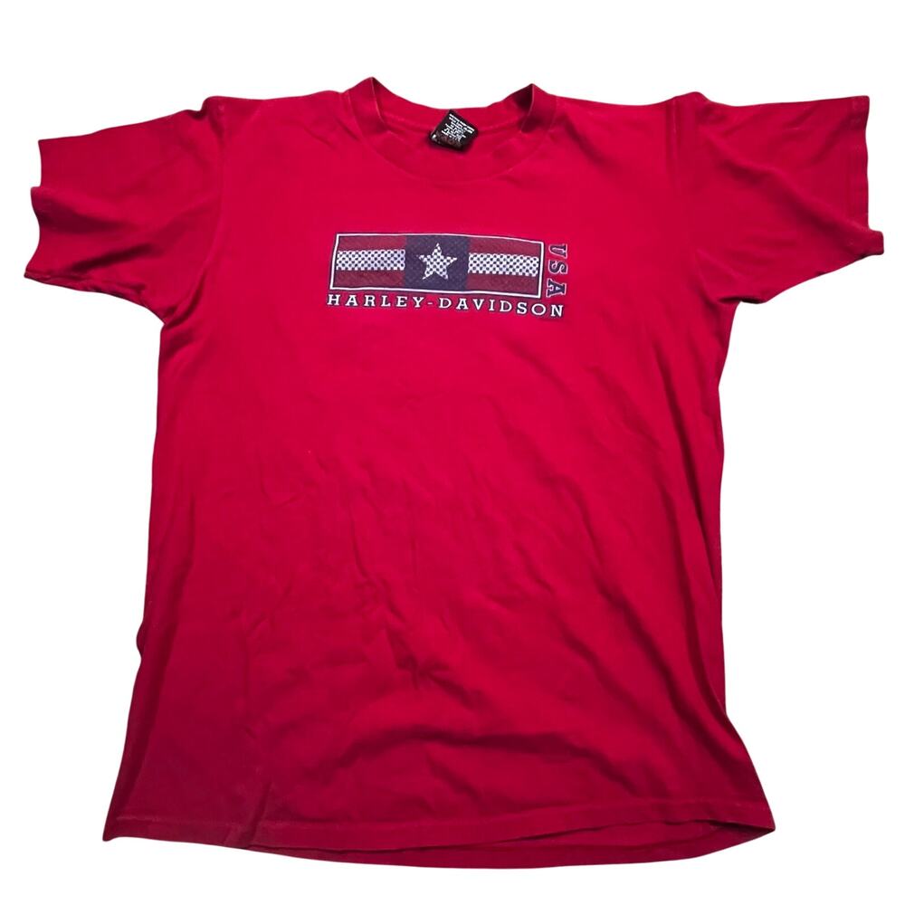 VTG‎ Harley Davidson Men Large Flag Red Famous New Castle Delaware Biker Shirt